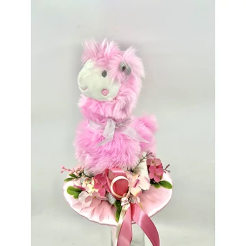 Ballagási csokor 45 cm, alpaka, rózsaszín csokortartóval, műzöldekkel