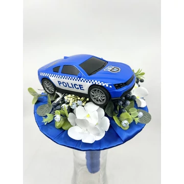 Ballagási csokor 30 cm, kék rendőrautó, kék csokortartóval, selyemvirágokkal