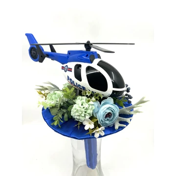 Ballagási csokor 30 cm, kék helikopter, kék csokortartóval, selyemvirágokkal