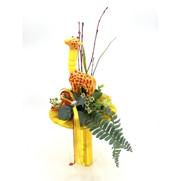 Ballagási csokor – 25 cm, zsiráffal, sárga csokortartóval, műzöldekkel