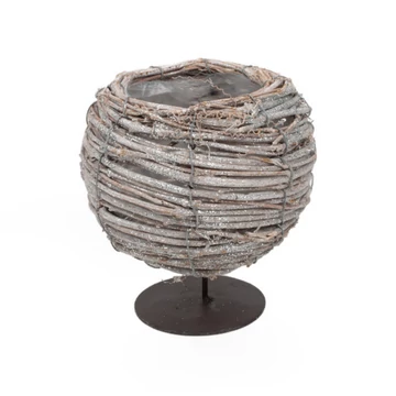Rattan gömb fém lábon csillogó szürke 12x13/18 cm