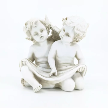 Fehér polyresin angyal szobor, két ülő angyalka – 12 cm