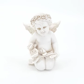 Fehér angyal szobor, térdelő rózsákkal – 11,2 cm