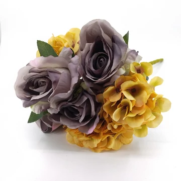Rózsa + hortenzia x7 csokor 38 cm szürke-sárga
