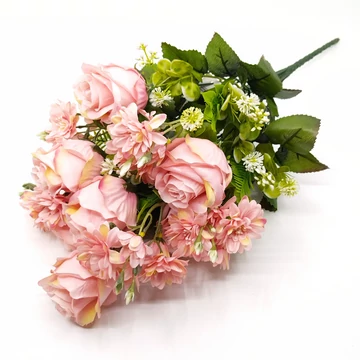 Rózsa + virág x12 +zöldek 50 cm H70848, rózsaszín