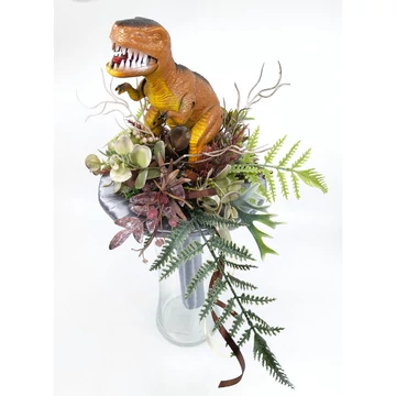 Ballagási csokor Tyrannosaurus dínóval, szürke csokortartóval, műzöldekkel