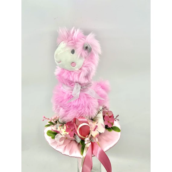 Ballagási csokor 45 cm, alpaka, rózsaszín csokortartóval, műzöldekkel