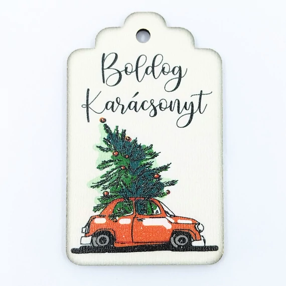 Fa tábla 4x6.5 cm 5 db, "Boldog Karácsonyt" autós