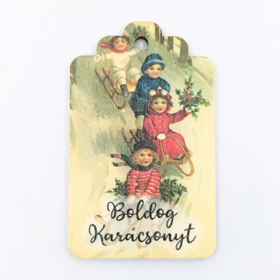 Fa tábla 4x6.5 cm 5 db, "Boldog Karácsonyt" retro szánkózó gyerekek
