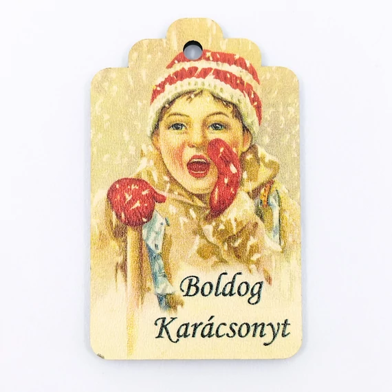 Fa tábla 4x6.5 cm 5 db, "Boldog Karácsonyt" retro kisfiú