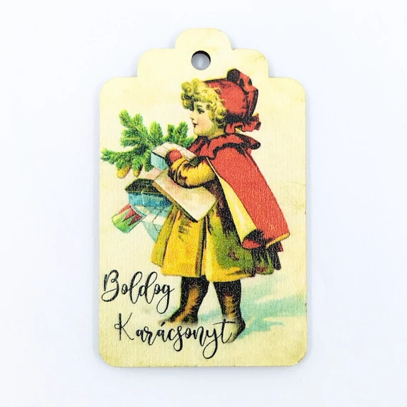 Fa tábla 4x6.5 cm 5 db, "Boldog Karácsonyt" retro kislány