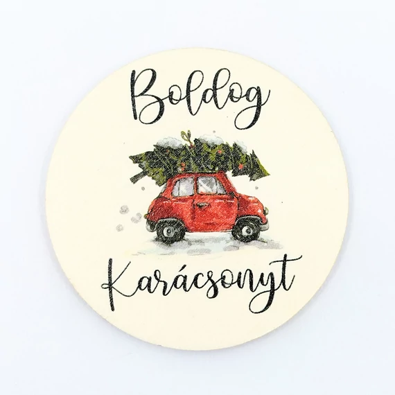 Fa tábla 5x5 cm 5 db, "Boldog Karácsonyt" autós