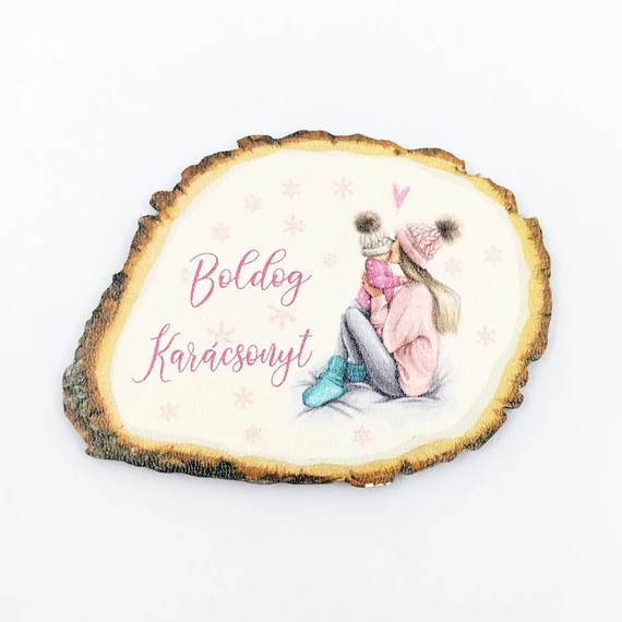 Fa tábla 5x6 cm 5 db, "Boldog Karácsonyt" babás rózsaszín