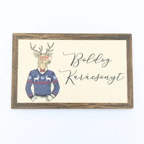 Fa tábla 8x5 cm 5 db, "Boldog Karácsonyt" szarvasos