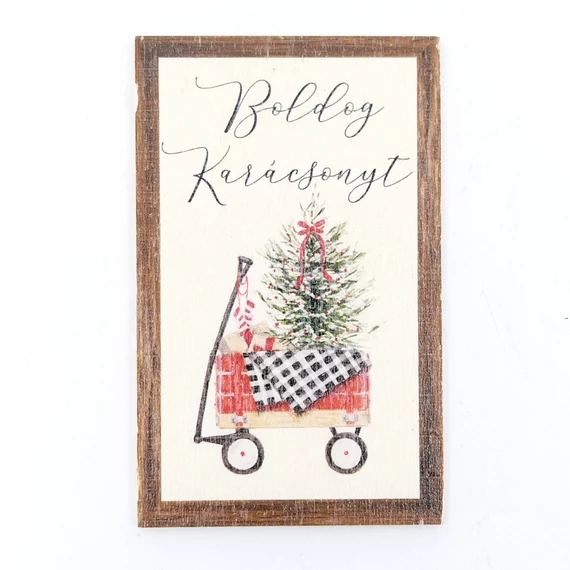 Fa tábla 5x8 cm 5 db, "Boldog Karácsonyt" kocsis