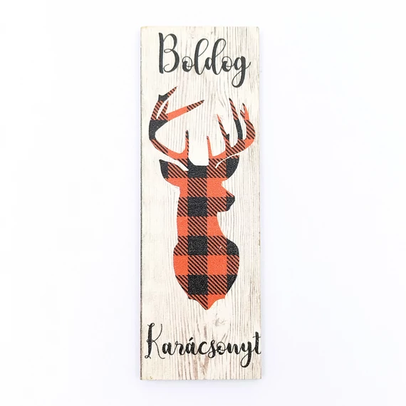 Fa tábla 3.5x10 cm 5 db, "Boldog Karácsonyt" szarvasos