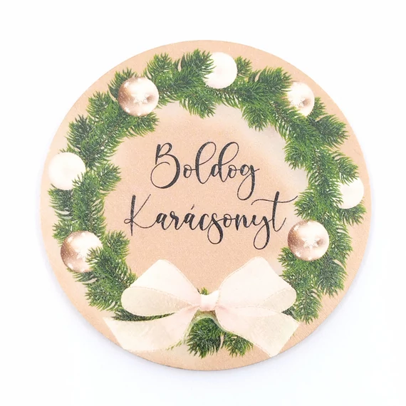 Fa tábla 7x7 cm 5 db, "Boldog karácsonyt" koszorús