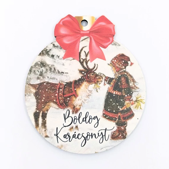 Fa tábla 7x8 cm 5 db, "Boldog karácsonyt" fiú rénszarvassal