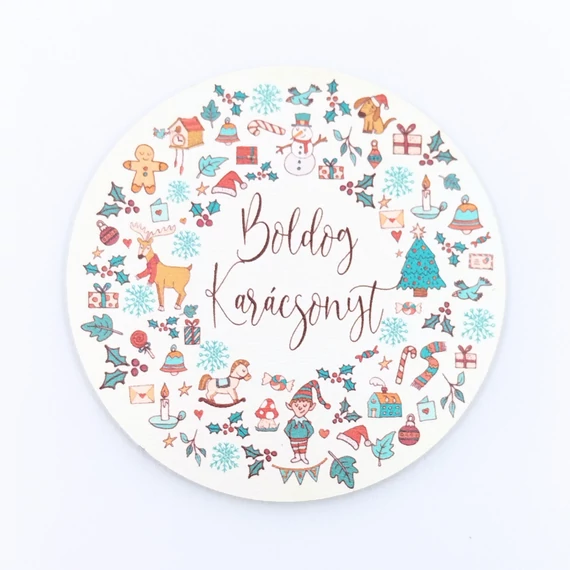 Fa tábla 7x7 cm 5 db, "Boldog Karácsonyt" téli motívumos