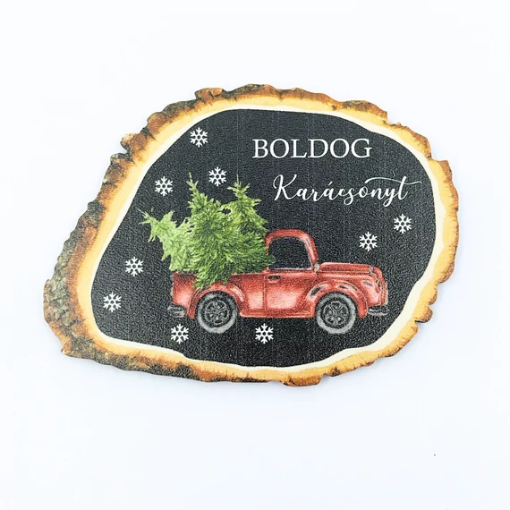 Fa tábla 7.5x5.5 cm 5 db, "Boldog Karácsonyt" autós