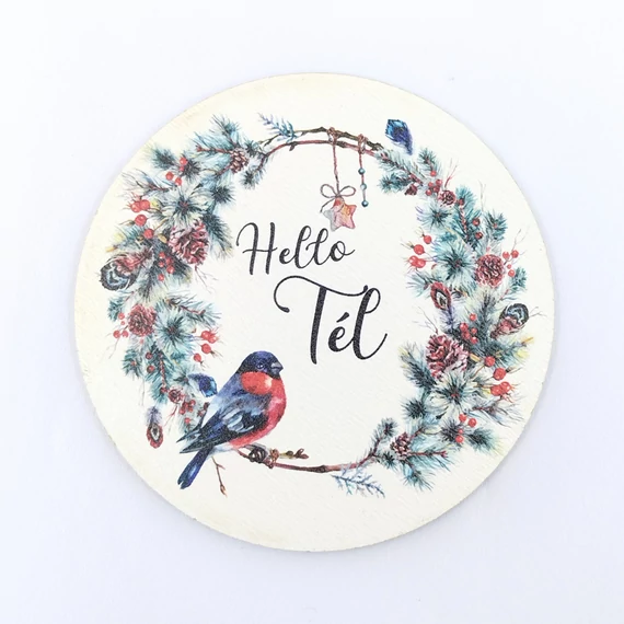 Fa tábla 7x7 cm 5 db, "Hello Tél" madárkás