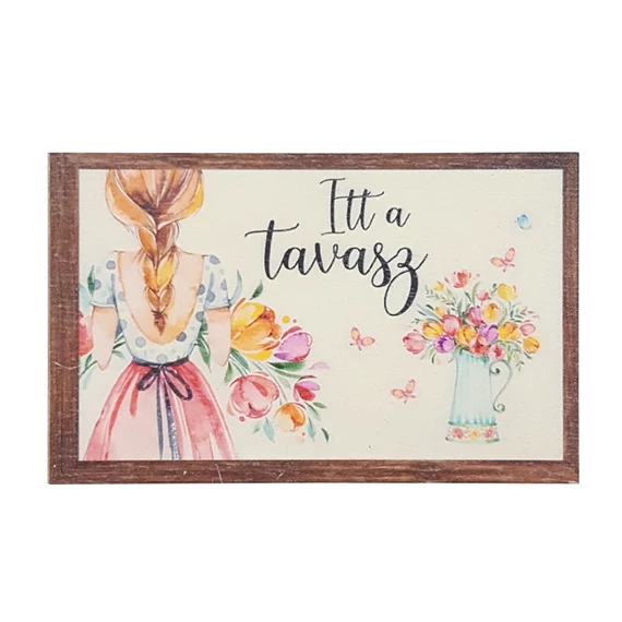 Fa tábla 8x5 cm 5 db, "Itt a Tavasz"