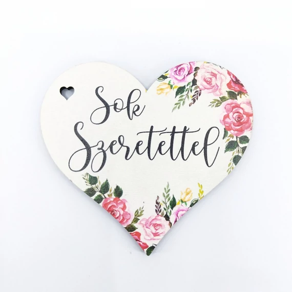 Fa tábla szív alakú 8x7 cm 5 db, "Sok Szeretettel"