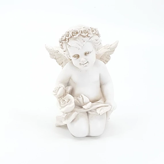 Fehér angyal szobor, térdelő rózsákkal – 11,2 cm