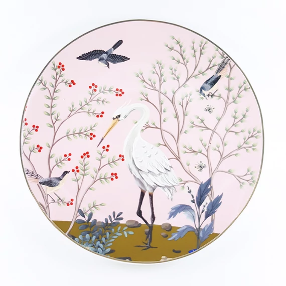 Tányér madaras 26 cm porcelán, rózsaszín