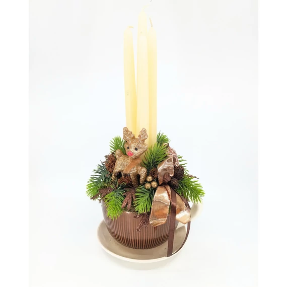 Bronz rénszarvasos karácsonyi asztaldísz bögrében 42 cm
