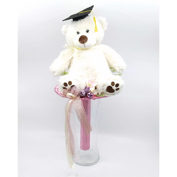 Ballagási csokor 48 cm, ballagó fehér plüss macival, rózsaszín csokortartóval, selyemvirágokkal és száraz növényekkel