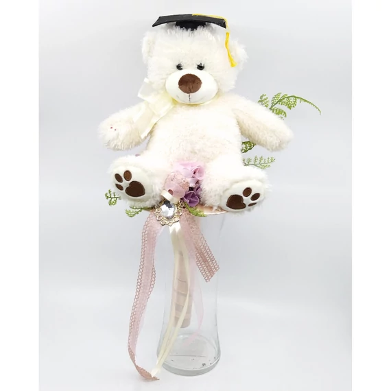 Ballagási csokor 48 cm, fehér ballagó plüss macival, rózsaszín csokortartóval, száraz növényekkel és műzöldekkel