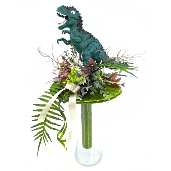 Ballagási csokor zöld Tyrannosaurus dínóval, zöld csokortartóval, műzöldekkel