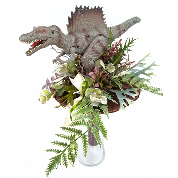 Ballagási csokor szürke Spinosaurus dínóval, barna csokortartóval, műzöldekkel