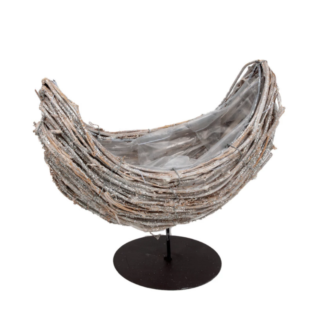 Rattan csónak fém lábon csillogó szürke 28x14,5x16/25 cm