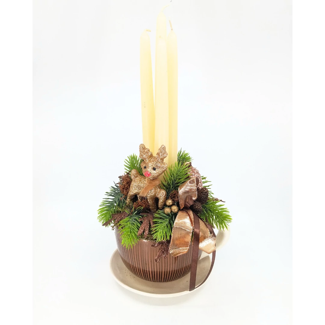 Bronz rénszarvasos karácsonyi asztaldísz bögrében 42 cm