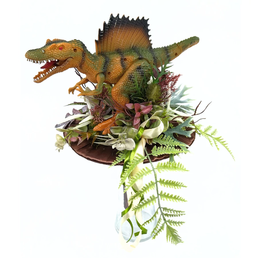 Ballagási csokor zöld-barna Spinosaurus dínóval, barna csokortartóval, műzöldekkel